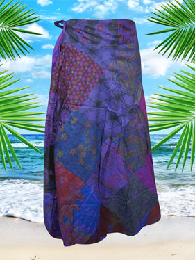 Womens Boho Wrap Skirt, Purple Patchwork Cotton Wrap Skirts, One size