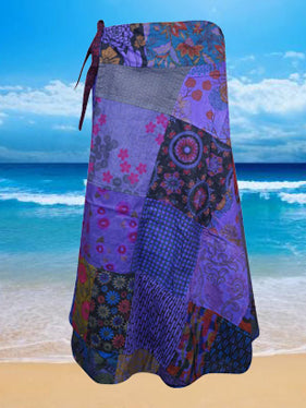 Womens Cotton Wrap Skirt, Purple Patchwork Summer Skirts, One size