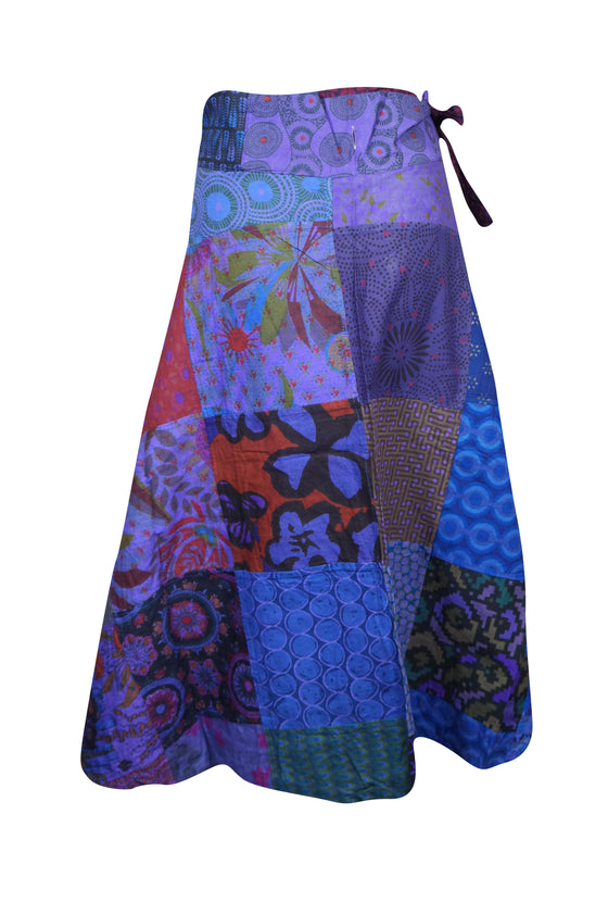 Womens Cotton Wrap Skirt, Purple Patchwork Summer Skirts, One size