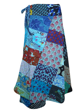 Womens Cotton Wrap Skirt, Blue Red Floral Patchwork Skirts, One size