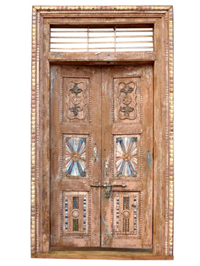 Antique Indo-French Doors with Frame, Rustic Carved Jali Teak Doors