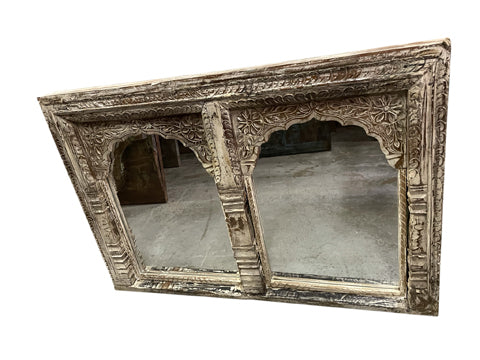 Vintage Double Arch Whitewash Mirror Hand Carved Jharokha