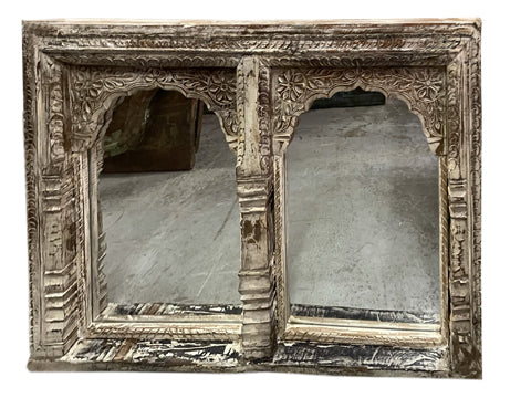 Vintage Double Arch Whitewash Mirror Hand Carved Jharokha