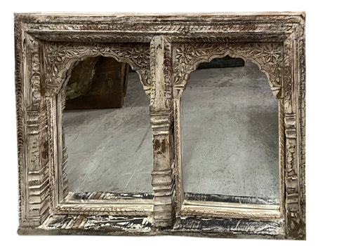 Vintage Arch White Wash Mirror, Hand Carved Jharokha Wall