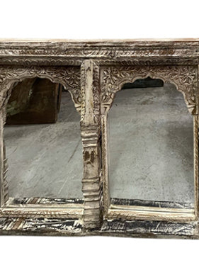 Vintage Double Arch Whitewash Mirror Hand Carved Jharokha