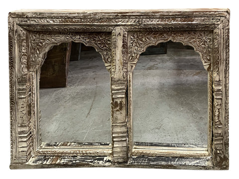 Vintage Double Arch Whitewash Mirror Hand Carved Jharokha