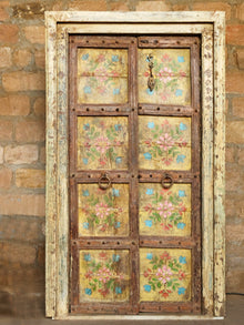  Antique India Door, Yellow Floral Doors, Artistic Wall Decor,