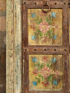 Antique India Door, Yellow Floral Doors, Artistic Wall Decor,