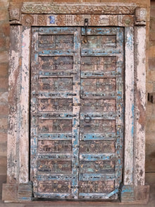  Antique Indian Door, Distressed Blue Teak Doors, Carved Urn of Prosperity