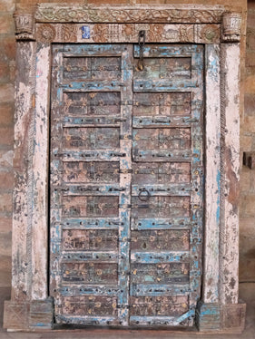 Antique Indian Door, Distressed Blue Teak Doors, Carved Urn of Prosperity