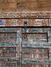 Antique Indian Door, Distressed Blue Teak Doors, Carved Urn of Prosperity