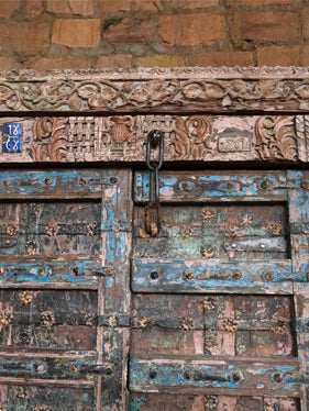 Antique Indian Door, Distressed Blue Teak Doors, Carved Urn of Prosperity