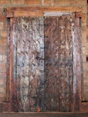 Antique Indian Door, Distressed Blue Teak Doors, Carved Urn of Prosperity
