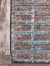 Antique Indian Door, Distressed Blue Teak Doors, Carved Urn of Prosperity