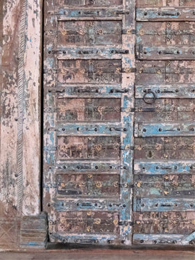 Antique Indian Door, Distressed Blue Teak Doors, Carved Urn of Prosperity