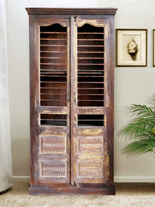  Antique Indian Jali Cabinet, Rustic Farmhouse, Eclectic, Teak wood Tall Armoire 85
