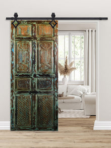 Boho Vintage Barn Door, Rustic Carved Green Door