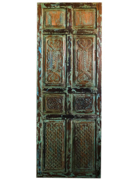 Boho Vintage Barn Door, Rustic Carved Green Door, Farmhouse Barn Doors 96