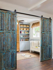  Carved Artistic Doors, Vintage Barndoors, Reclaimed Wood, Blue Sliding door, 96