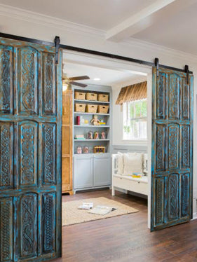 Carved Indian Doors, Vintage Blue Barn doors, Reclaimed Wood Sliding door